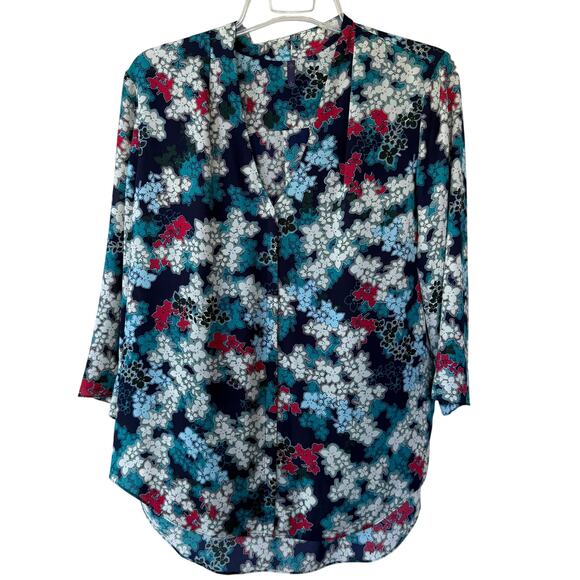 NYDJ Tops - NYDJ Size L Blue Multivolor Floral V neck shirt